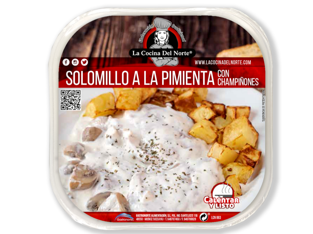 Solomillo a la pimienta con champiñones